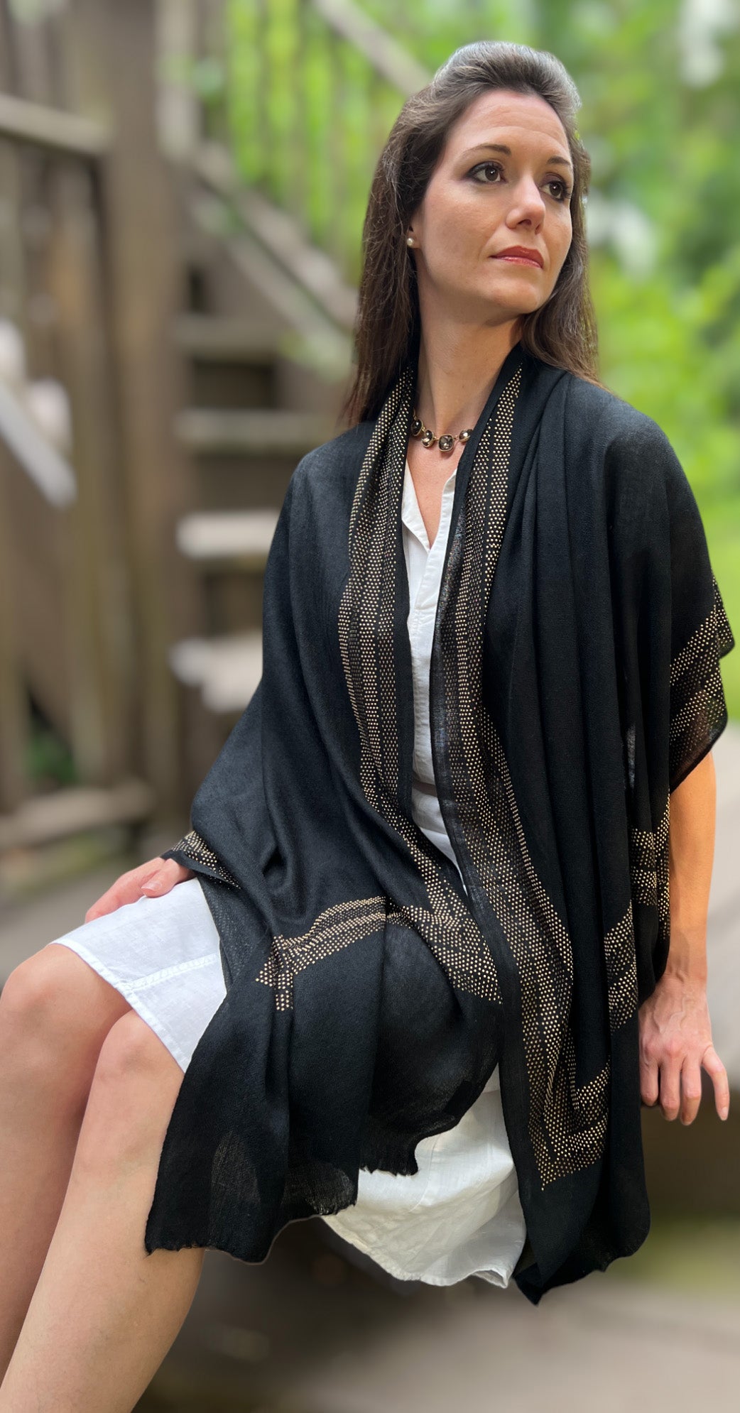 Black Beaded Wool and Silk Scarf / Wrap
